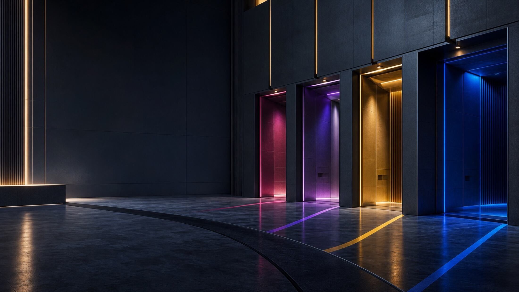 Cuatro portales arquitectónicos iluminados que representan las direcciones de negocio de Hermes
