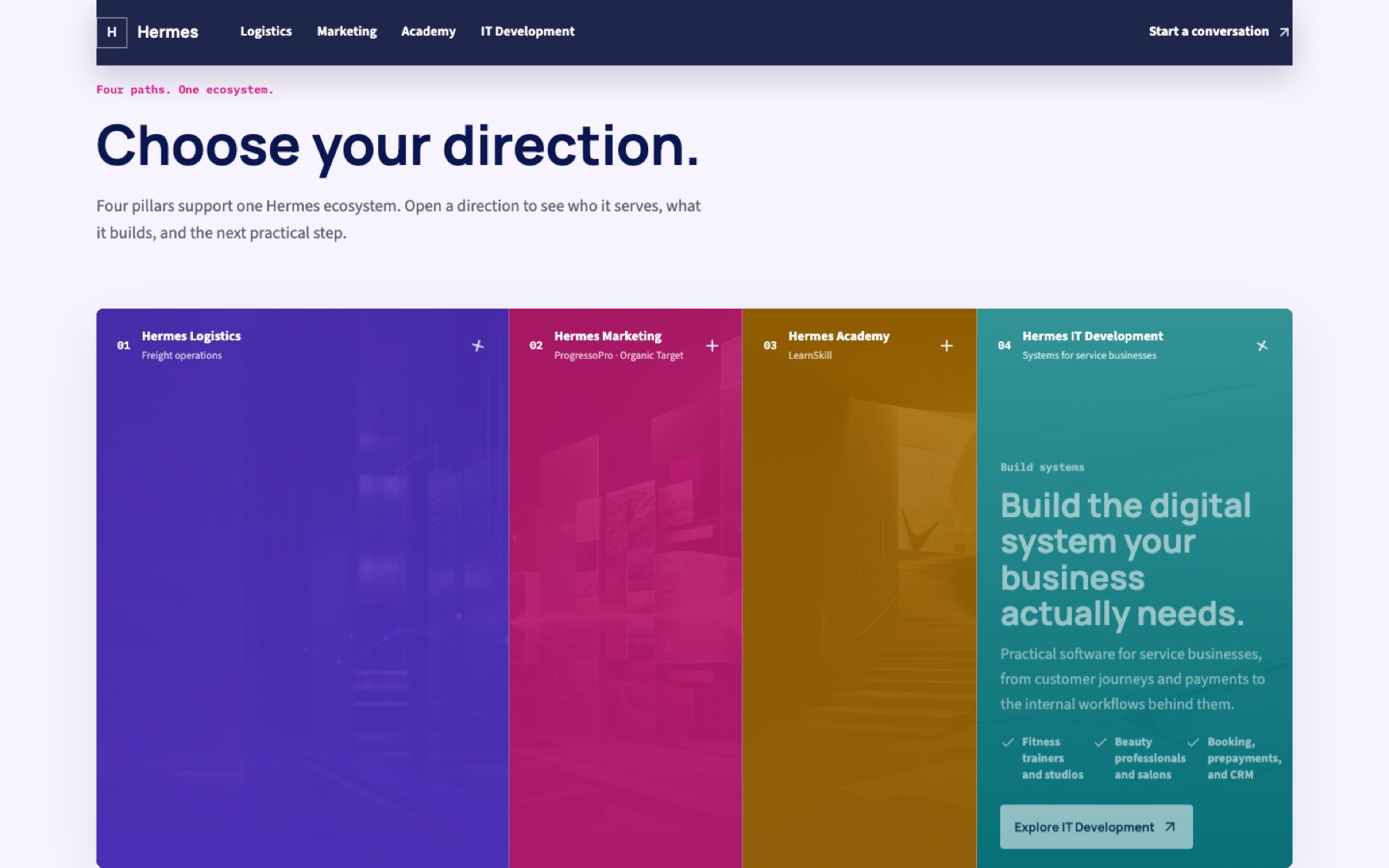 The live Hermes website showing its four interactive business portals