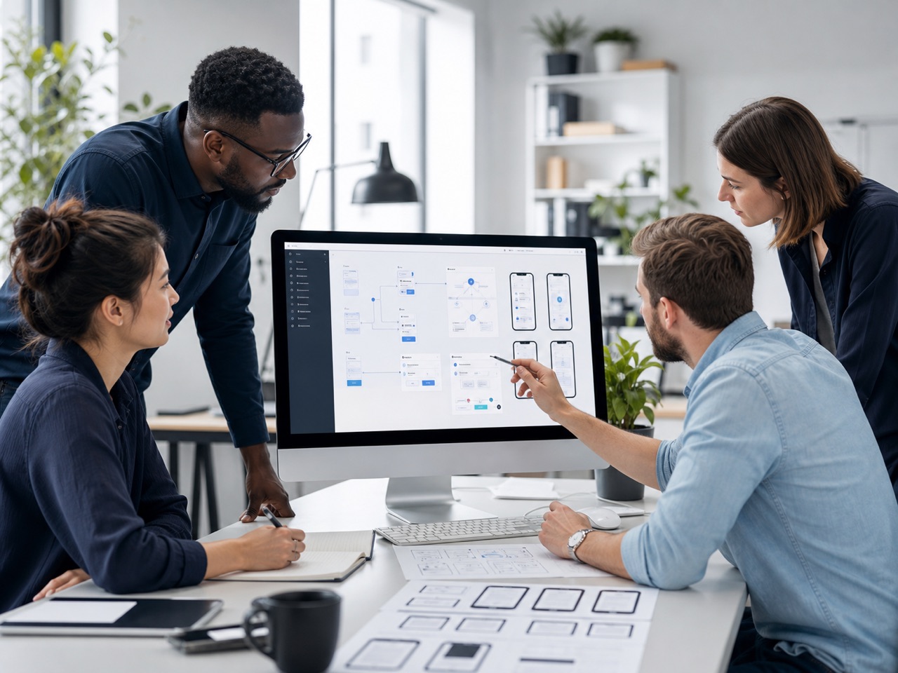 Product team designing a business workflow and mobile application